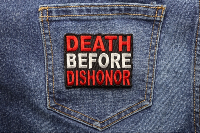 Death Before Dishonor Patriotic Iron on Patch shown on jeans