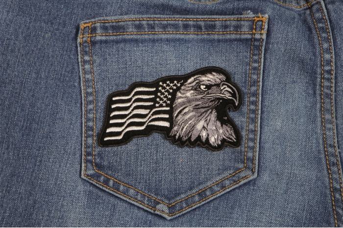 Silver Eagle US Flag Facing Right Patriotic Iron on Patch shown on jeans