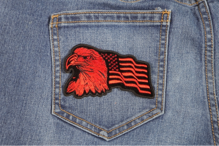 Eagle US Flag Facing Left Patriotic Iron on Patch In Red shown on jeans