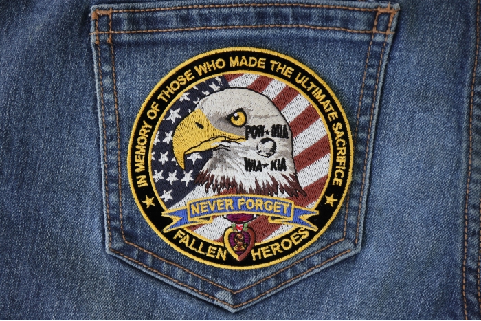 Fallen Heroes POW MIA WIA KIA Memorial Patch shown on jeans