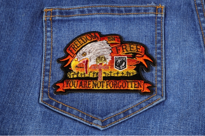 Freedom Isn't Free Eagle Small Patriotic Iron on Patch shown on jeans