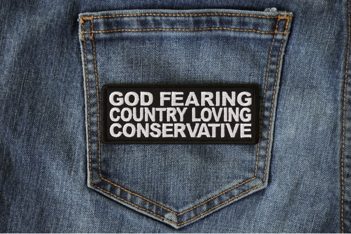 God Fearing Country Loving Conservative Patch shown on jeans