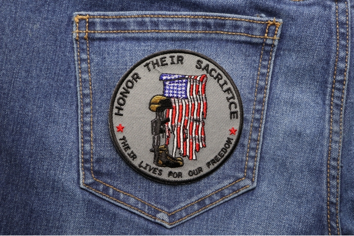 Honor Their Sacrifice Memorial Patriotic Iron on Patch shown on jeans