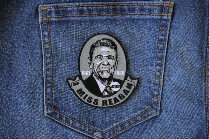 I miss Reagan Patriotic Iron on Patch shown on jeans