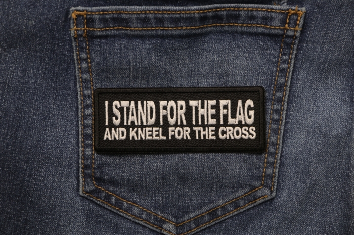 I Stand For The Flag And Kneel for The Cross Patch shown on jeans
