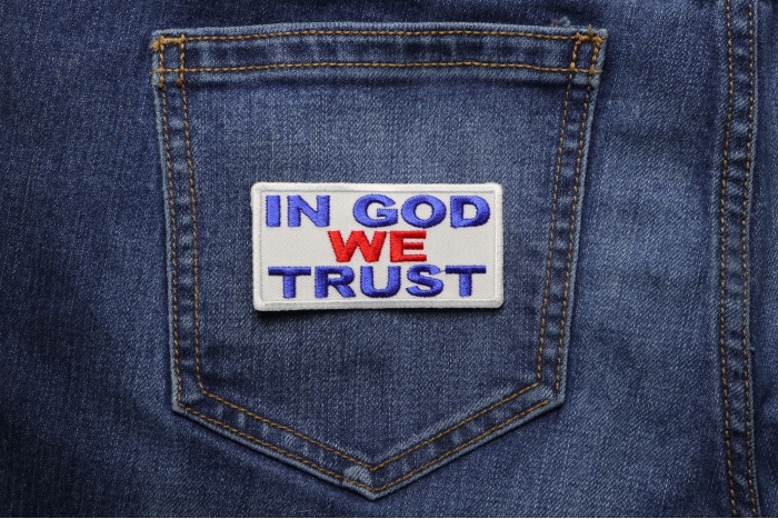 In God We Trust Patriotic Iron on Patch shown on jeans