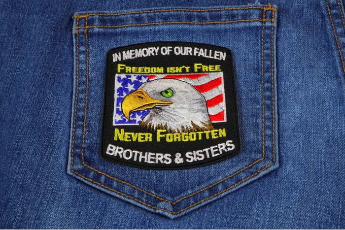 In Memory Of Our Fallen Military Brothers and Sisters Patriotic Iron on Patch shown on jeans