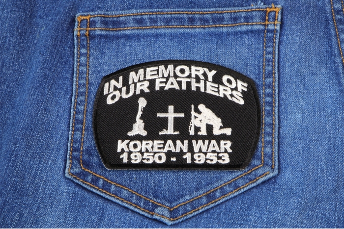 In Memory Of Our Fathers Korean War Patriotic Iron on Patch shown on jeans