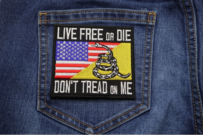 Live Free or Die Don't Tread On Me Gadsden American Flag Patriotic Iron on Patch shown on jeans