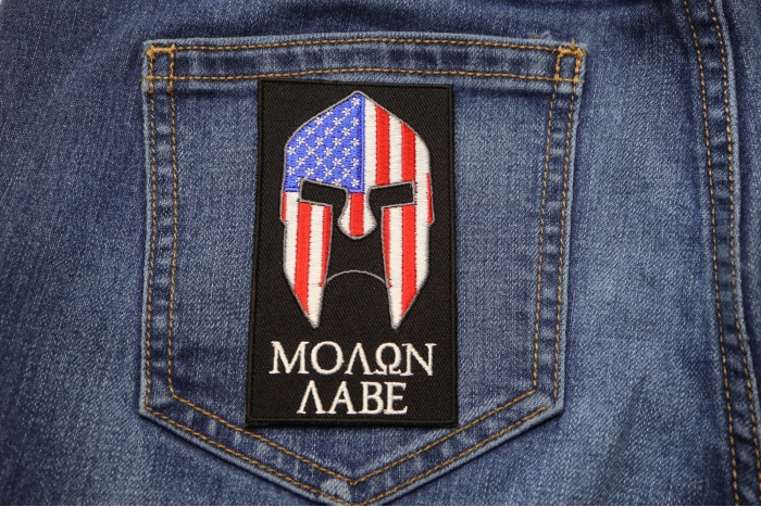 Molon Labe Spartan Patch With US Flag shown on jeans