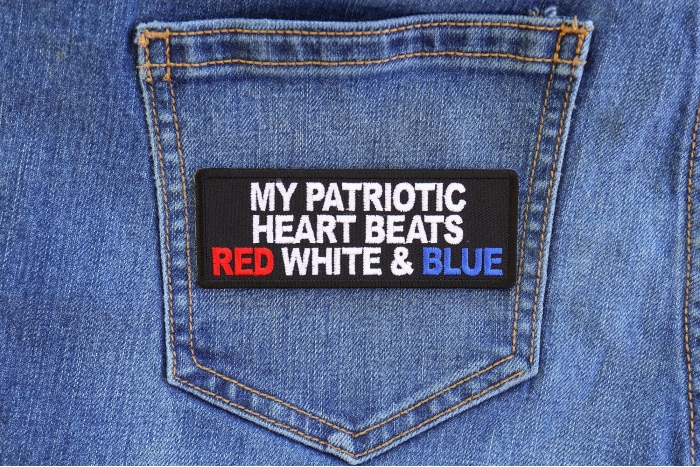 My Patriotic Heart Beats Red White and Blue Iron on Patch shown on jeans