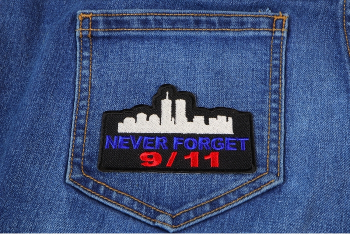 Never Forget 9 11 Patch shown on jeans