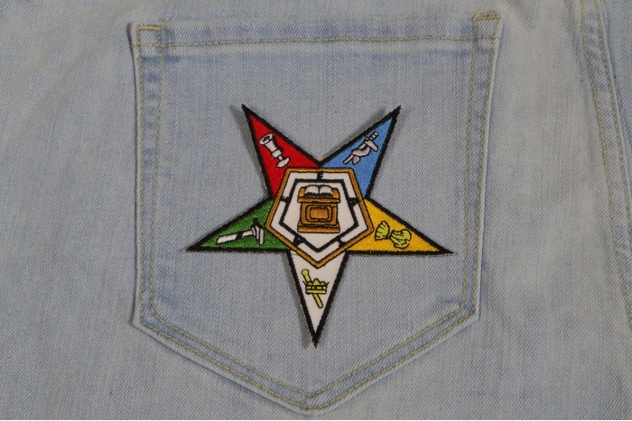 Eastern Star Mason Patriotic Iron on Patch shown on jeans