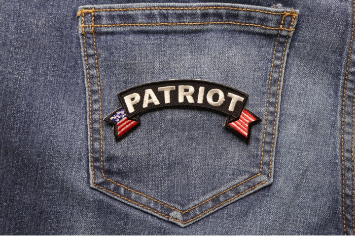 Patriot Rocker Iron on Patch With US Flag shown on jeans