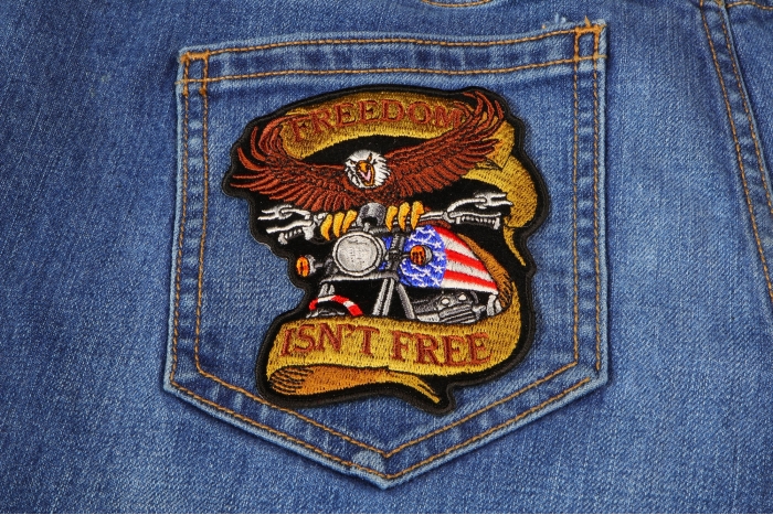 Patriotic Eagle Biker Small Iron on Patch Freedom Isn't Free shown on jeans
