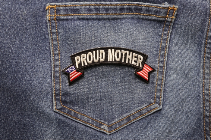 Proud Mother US Flag Rocker Patriotic Iron on Patch shown on jeans
