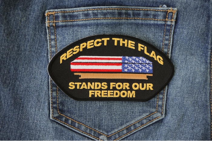 Respect Our Flag Patriotic Iron on  Cap Patch shown on jeans