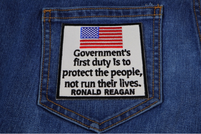Government's First Duty is to Protect the People, Not Run Their Lives, Ronald Reagan Patriotic Iron on Patch shown on jeans