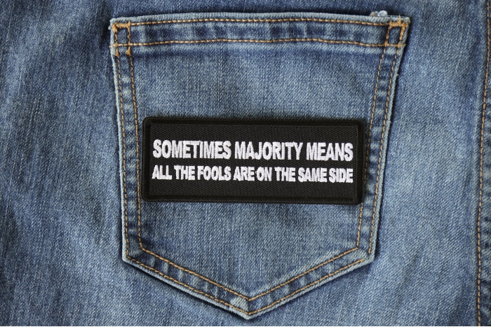 Sometimes the Majority Means all The Fools are On the Same Side Patriotic Iron on Patch shown on jeans