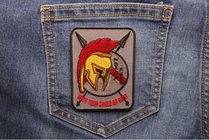 Spartan With Your Shield or On It Patriotic Iron on Patch  shown on jeans