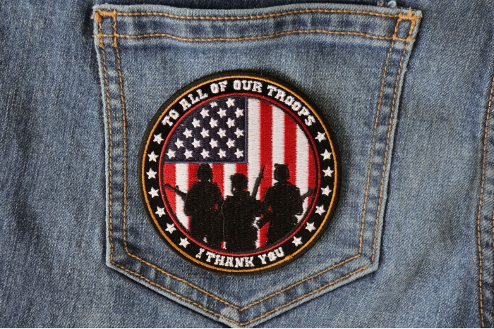 To All Our Troops I Thank You Patriotic Iron on Patch Round shown on jeans