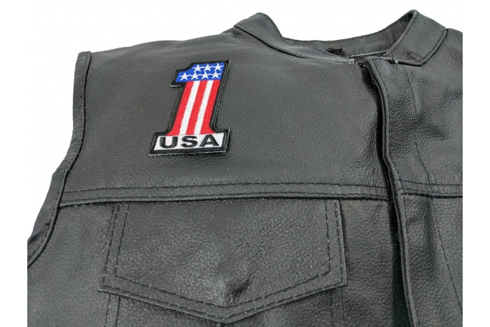 1 USA Patch - 2x3 inch. Embroidered Iron on Patch shown on leather vest