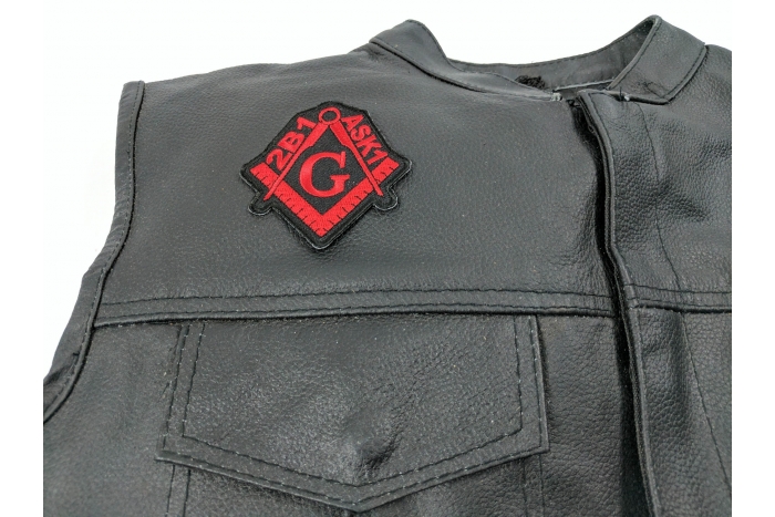 2B1 ASK1 Free Mason Black and Red Patch - 3x3 inch. Embroidered Iron on Patch shown on leather vest