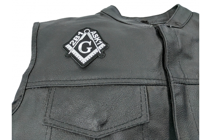 2B1 ASK1 Mason Symbol Patch - 3x3 inch. Embroidered Iron on Patch shown on leather vest