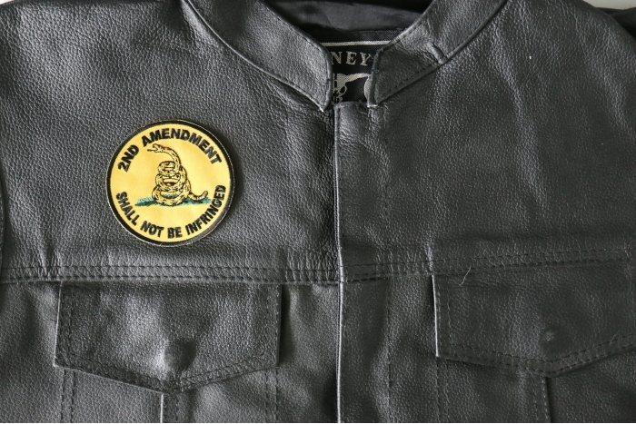 2nd Amendment Shall Not Be Infringed Round Patch - 3x3 inch - Embroidered Iron on Patch shown on leather vest