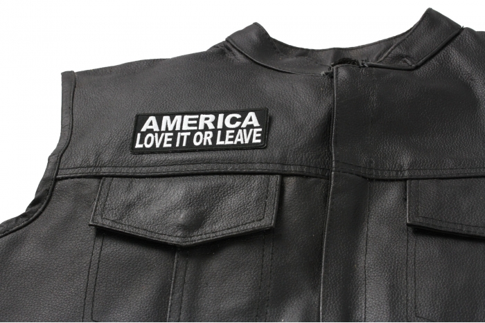 America Love It or Leave Patch, Military Saying Patches shown on leather vest