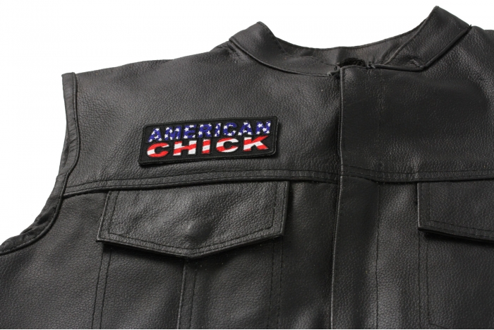 American Chick Patch - Iron on Patch - 4x1.5 inch shown on leather vest