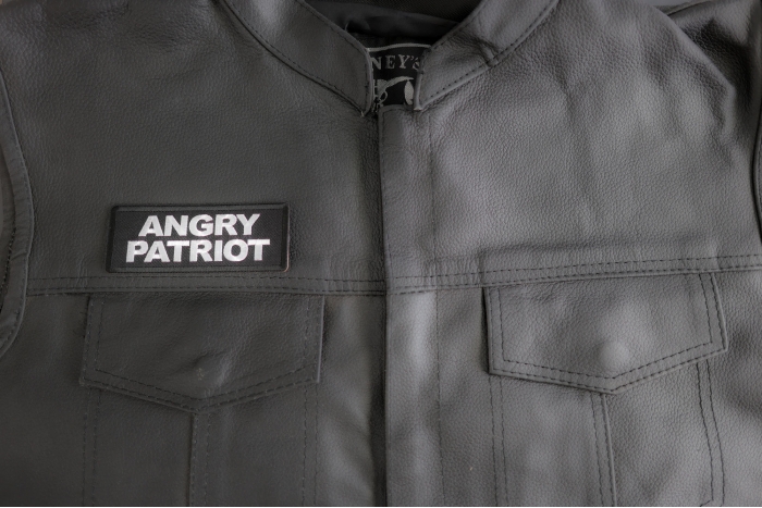 Angry Patriot Patch shown on leather vest