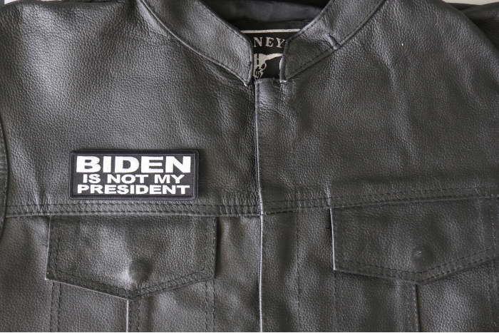 Biden is Not My President Patch - 4x1.5 inch - Embroidered Iron on Patch shown on leather vest