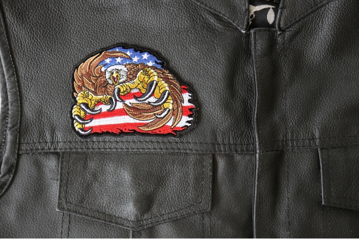 Big Claws Eagle - 4.3x3.5 inch - Embroidered Iron on Patch shown on leather vest