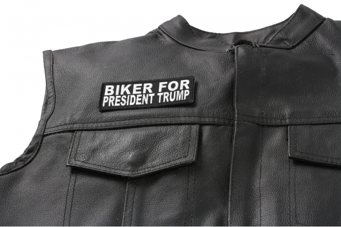 Biker for President Trump Patch - 4x1.5 inch. Embroidered Iron on Patch shown on leather vest