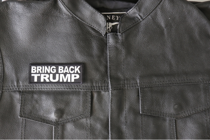 Bring Back Trump Patch, Patriotic Saying Patches shown on leather vest