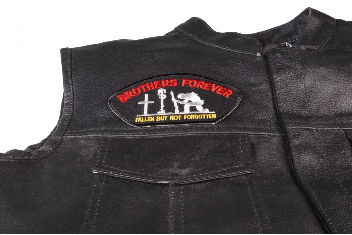Brothers Forever Cap Patch - 5x2.75 inch. Embroidered Iron on Patch shown on leather vest