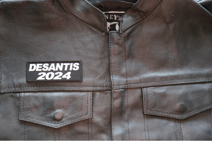 DeSantis 2024 Patch shown on leather vest