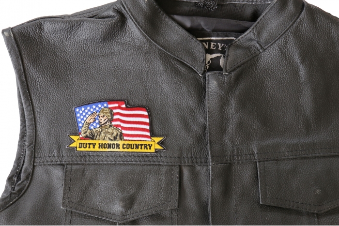 Duty Honor Country Soldier with US Flag Patch - 4.5x2.4 inch. Embroidered Iron on Patch shown on leather vest