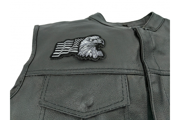Silver Eagle US Flag Facing Right Patch - 4x2.5 inch. Embroidered Iron on Patch shown on leather vest