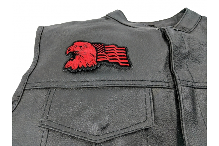 Eagle US Flag Facing Left Patch In Red - By Ivamis Trading - 4x2.5 inch - Embroidered Iron on Patch shown on leather vest