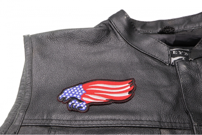 Eagle with American Flag Patch - 4x2.5 inch. Embroidered Iron on Patch shown on leather vest