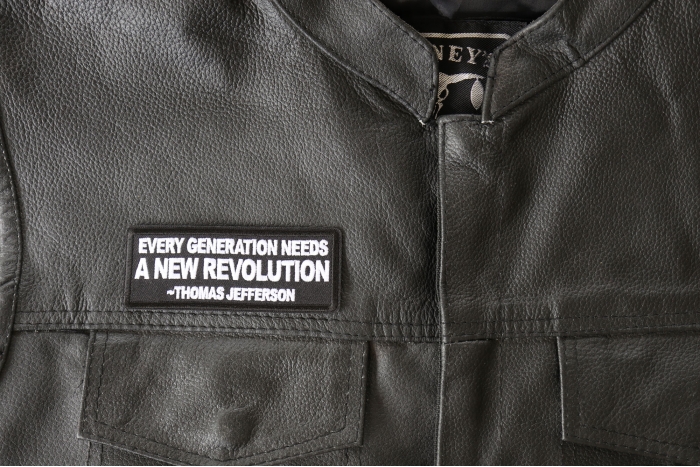 Every Generation Needs a New Revolution Thomas Jefferson Patch, Patriotic Patches, Iron on Quotes and Sayings for Hats shown on leather vest