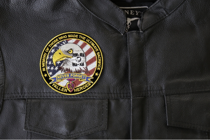 Fallen Heroes POW MIA WIA KIA Memorial Patch - 4x4 inch - Embroidered Iron on Patch shown on leather vest