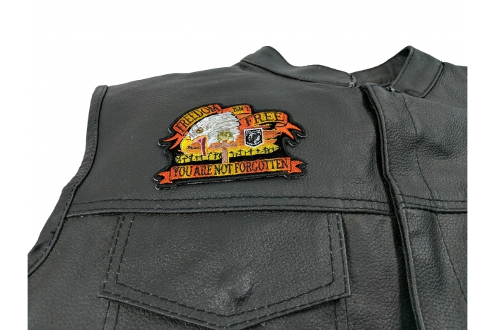 Freedom Isn't Free Eagle Small Patch - 4x3 inch. Embroidered Iron on Patch shown on leather vest