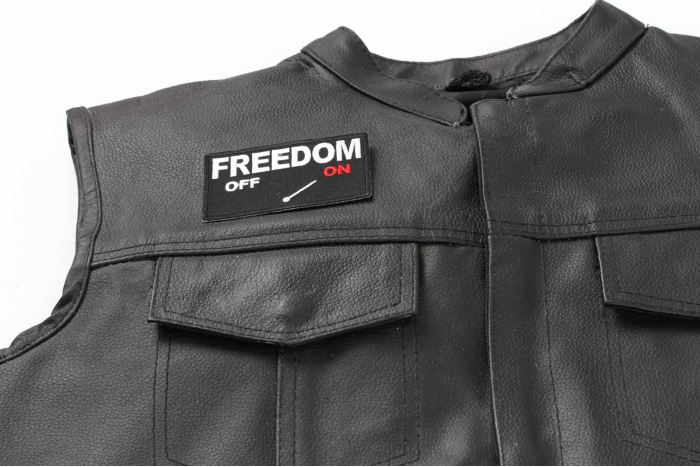 Freedom Mode On Patch - Iron on Patch - 3.5x2 inch shown on leather vest