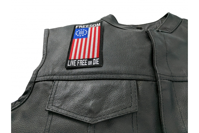 Freedom Nyberg Flag Patch Live Free or Die - Iron on Patch - 2.5x4.7 inch shown on leather vest
