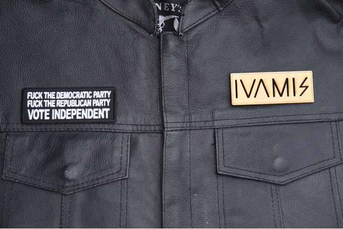 Fuck the Democratic Party Fuck The Republican Party Vote Independent Patch shown on leather vest