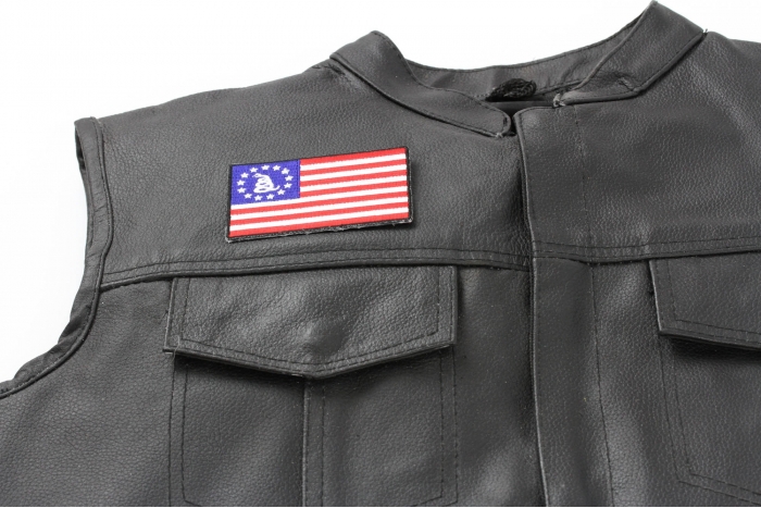 Gadsden American Flag Patch - 3.5x2.2 inch. Embroidered Iron on Patch shown on leather vest