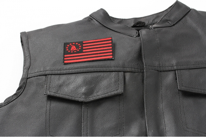 Gadsden American Flag Red Black Patch - 3.5x2.2 inch. Embroidered Iron on Patch shown on leather vest